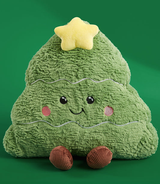 Soft green plush Christmas tree toy with yellow star, embroidered smile and pink cheeks