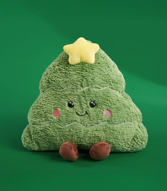 Plush green Christmas tree pillow with yellow star, embroidered face, and brown feet
