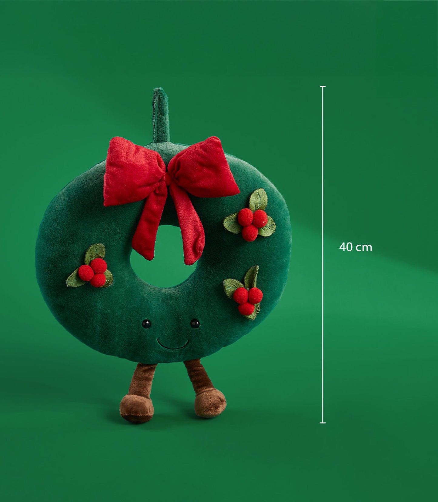 Plush Christmas wreath toy with red bow and berry details, 40cm soft green velvet festive decoration