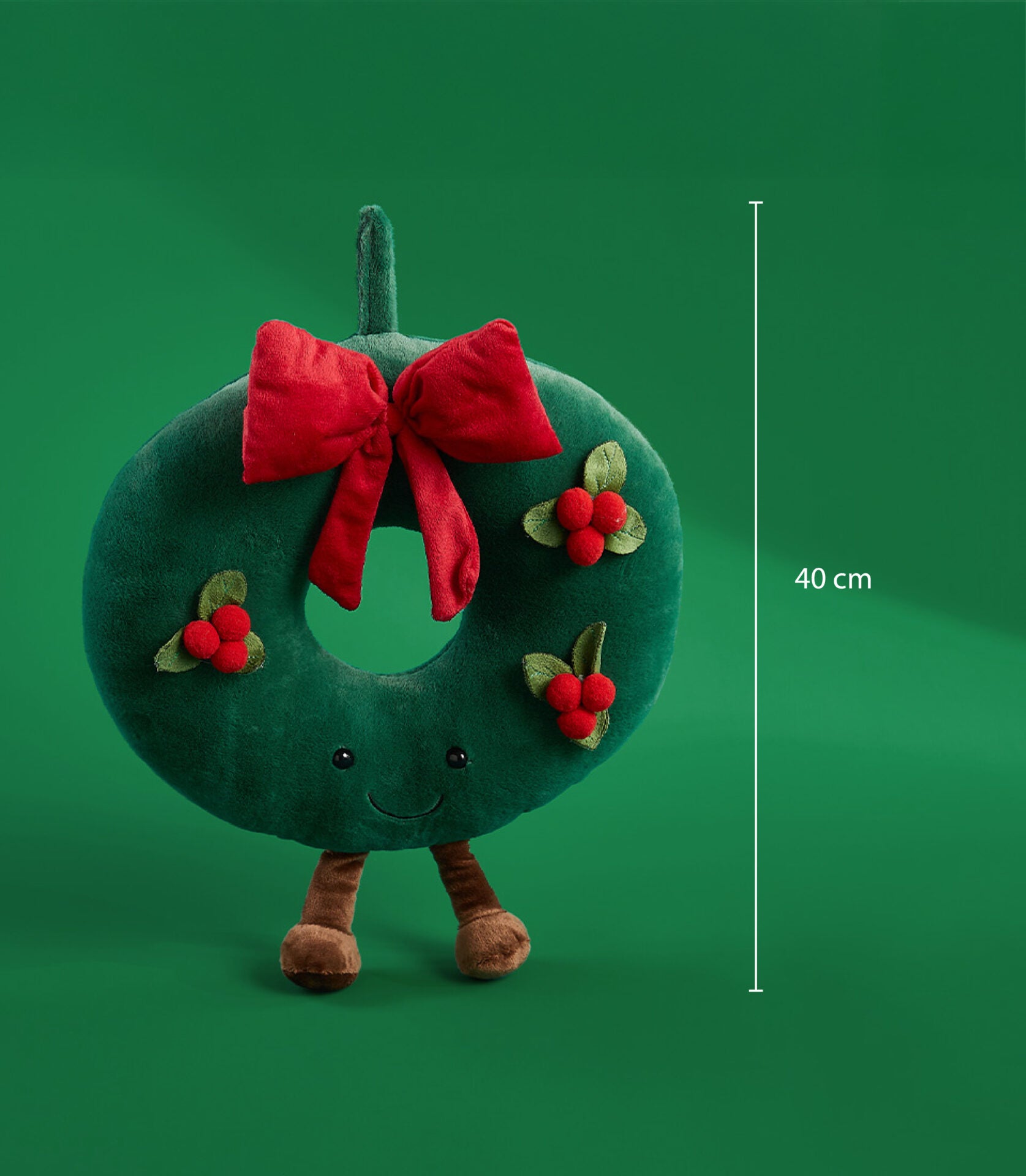 Plush Christmas wreath toy with red bow and berry details, 40cm soft green velvet festive decoration