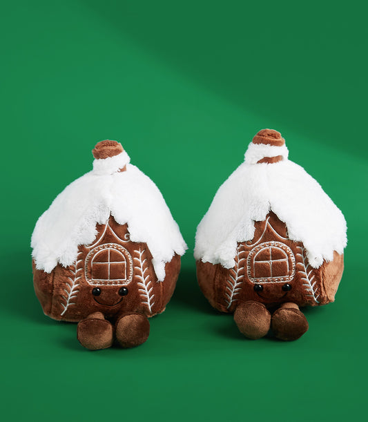 Snowy gingerbread house plush toys with embroidered details and white frosting trim, Christmas gift set