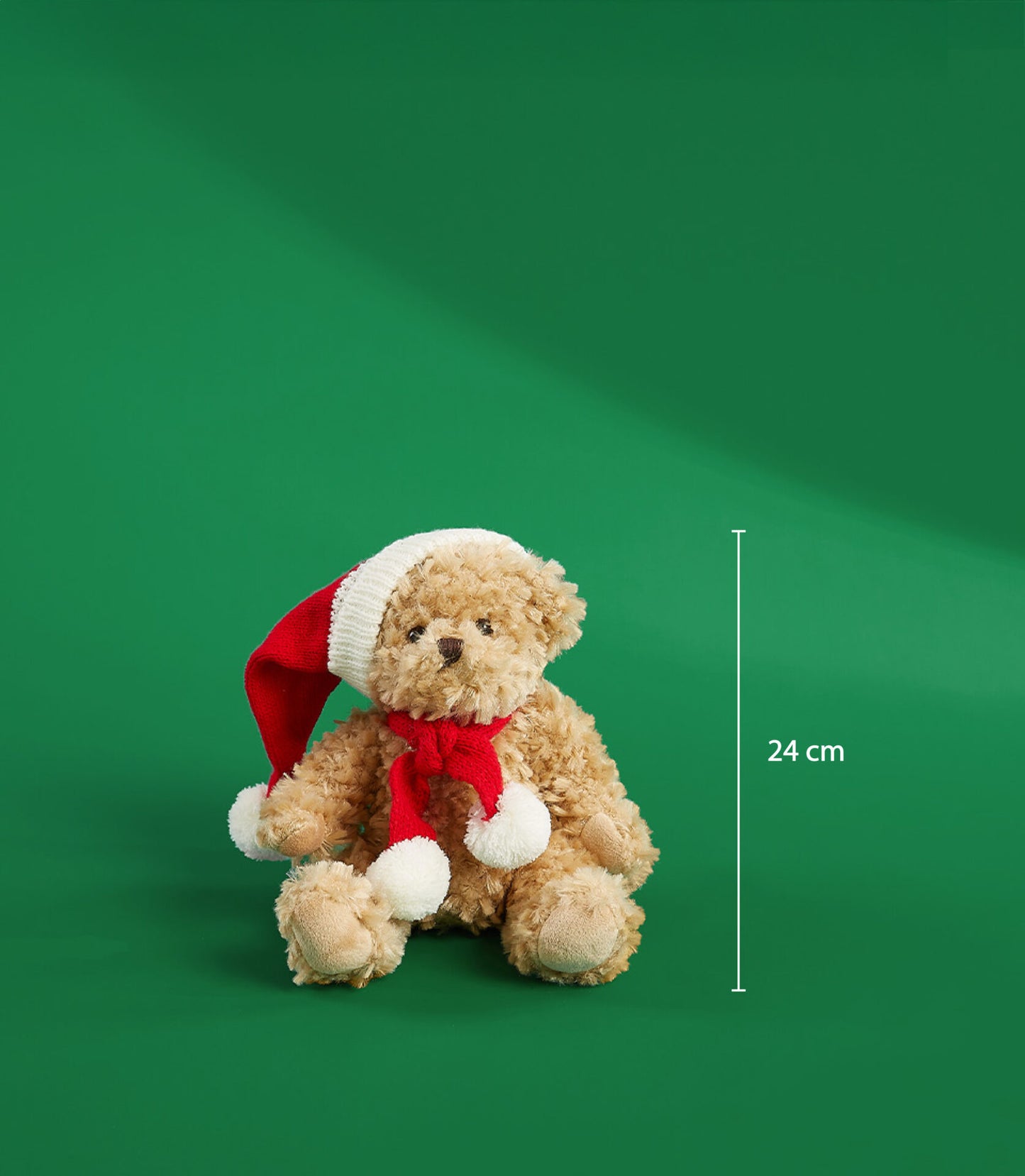 Fluffy light brown teddy bear wearing red Santa hat and matching scarf, 24 cm Christmas gift