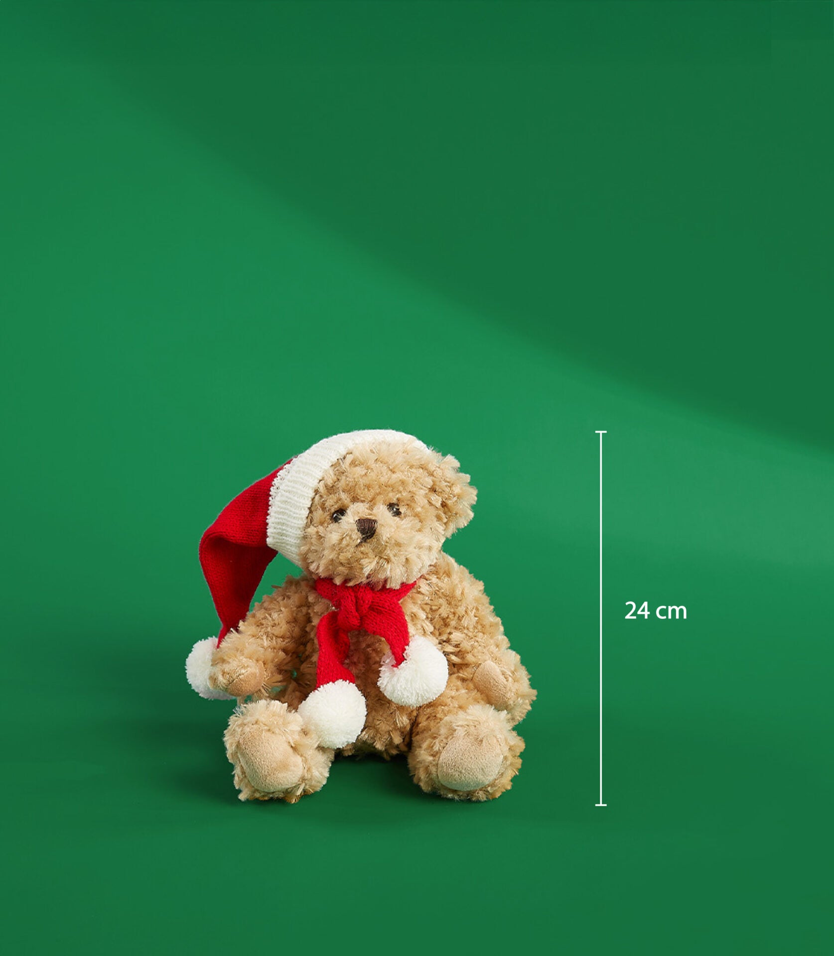 Fluffy light brown teddy bear wearing red Santa hat and matching scarf, 24 cm Christmas gift