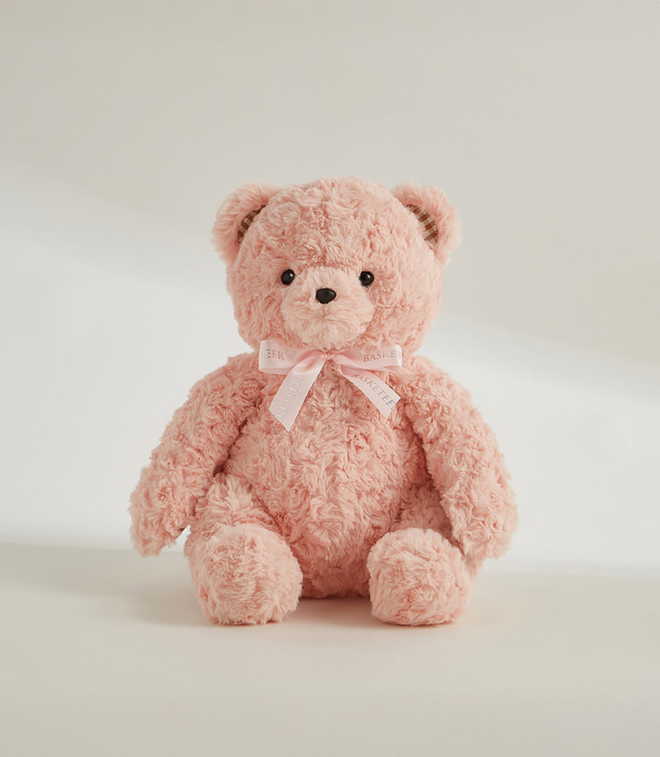 Blush pink fluffy teddy bear with ribbon bow, artisan soft toy gift