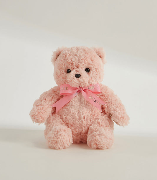 Fluffy light pink teddy bear with satin ribbon bow, 27cm plush add-on gift