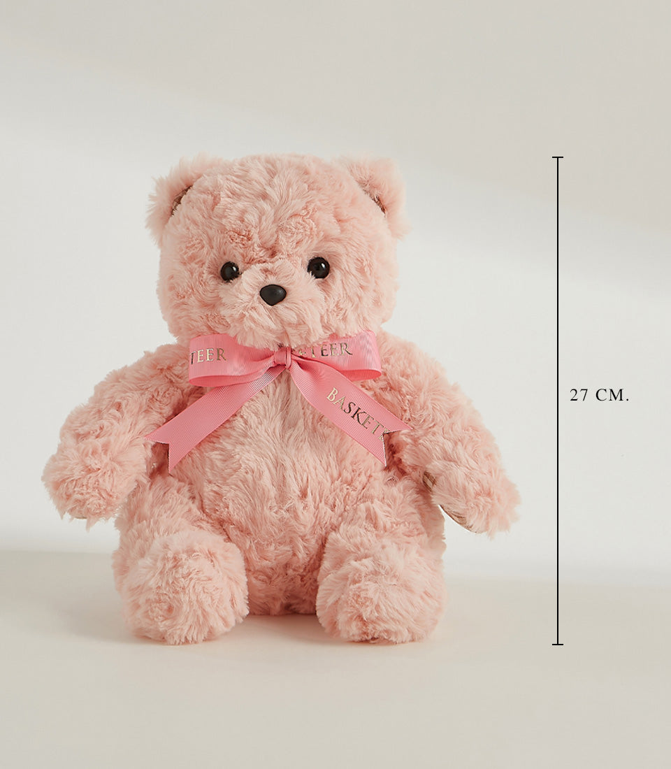 Light pink fluffy teddy bear with satin ribbon bow, 27cm height, cuddly gift hamper accessory