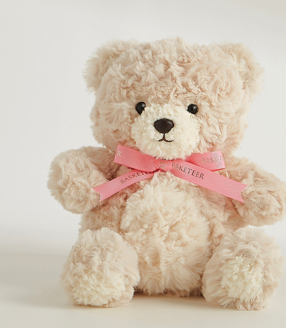 Cream fluffy teddy bear with pink satin ribbon bow, soft plush toy gift