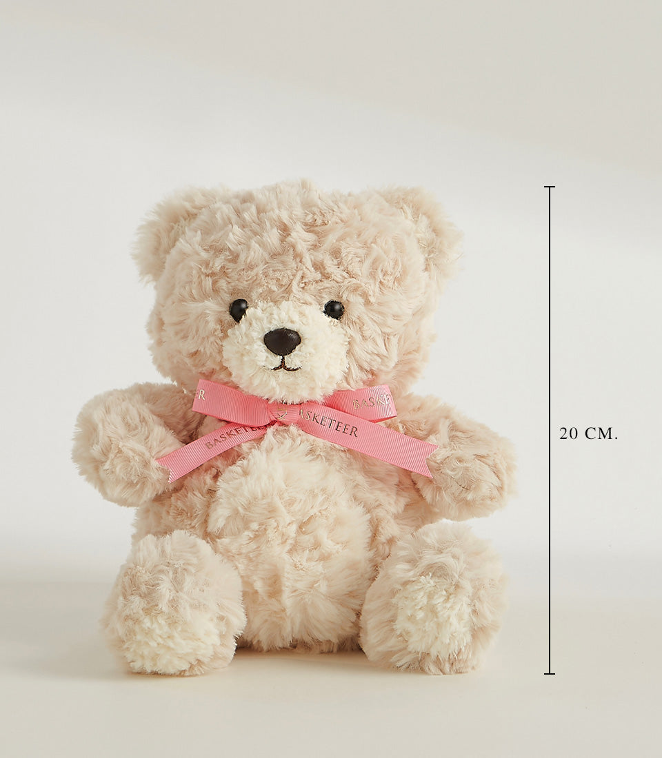 Cream fluffy teddy bear with pink ribbon bow, 20cm height, for gift giving