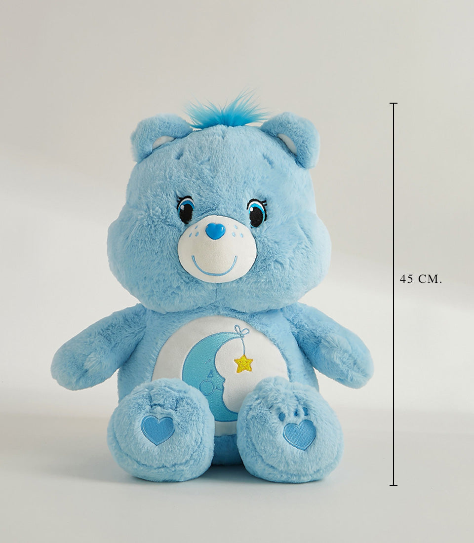 Cozy Dream light blue plush bear with moon belly badge and heart embroidery, 45cm height