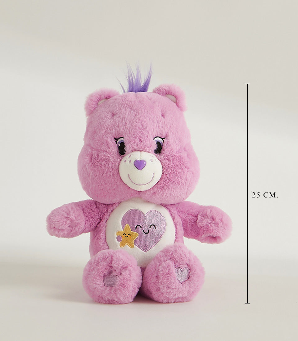 Purple plush Care Bear with embroidered heart belly badge and spiky hair, 25cm soft toy gift