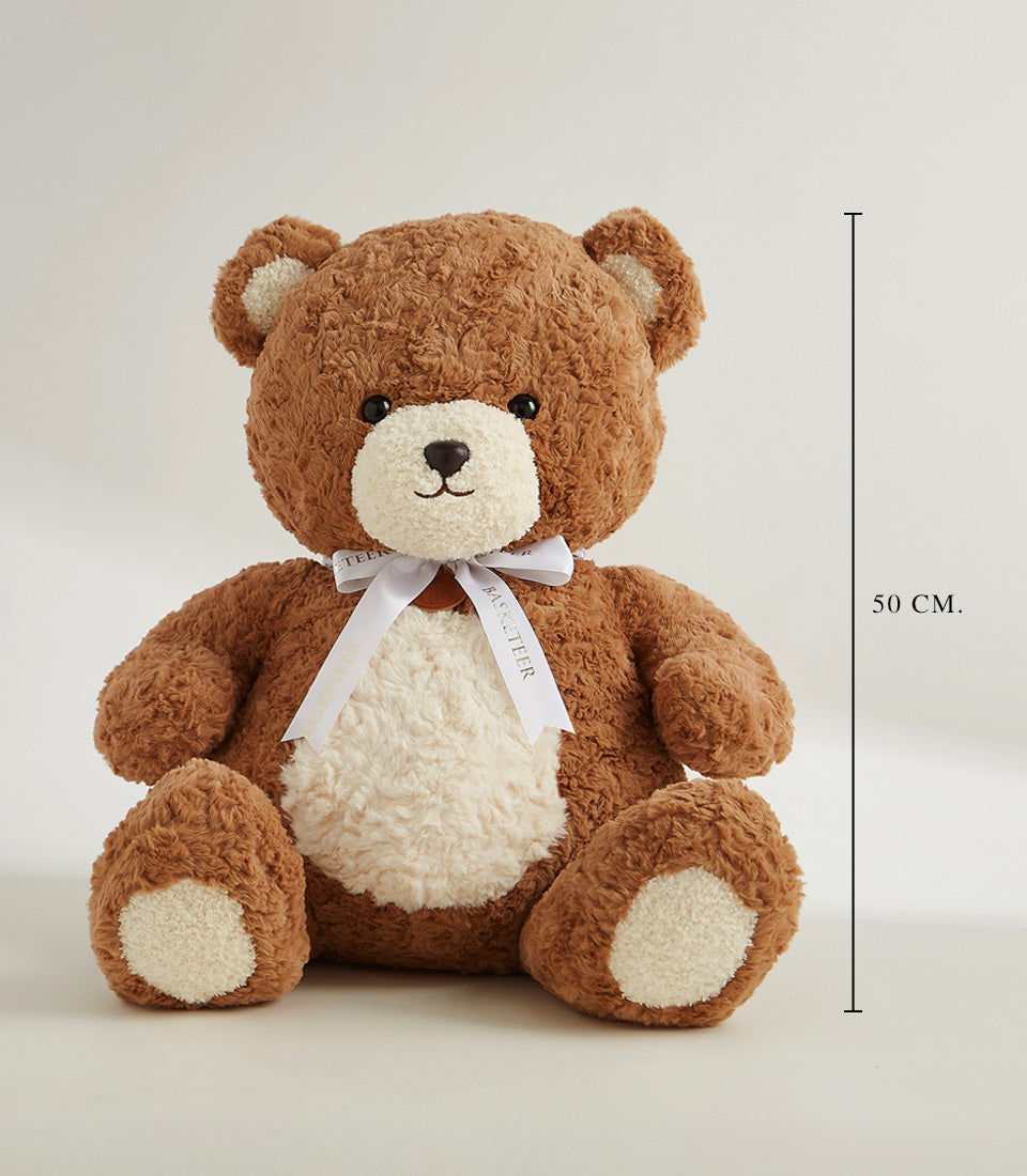 Giant brown plush teddy bear with cream accents and ribbon bow, 50cm height, luxury gift hamper addition