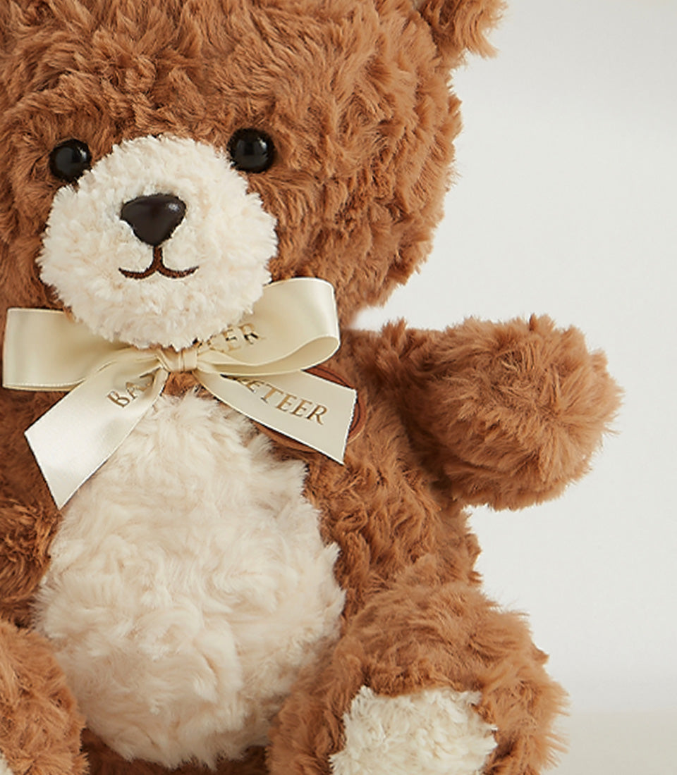 Soft brown plush teddy bear with cream muzzle and satin ribbon bow for gift giving