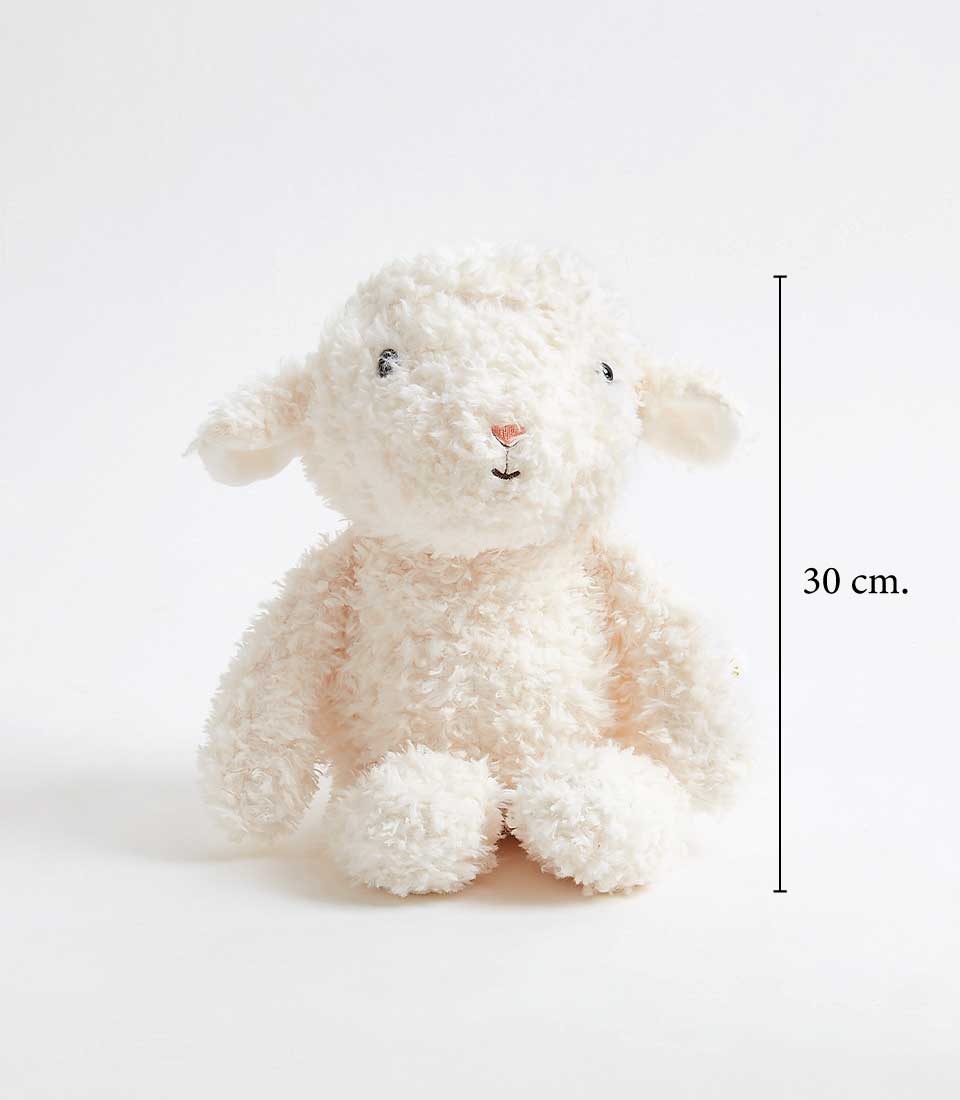 Fluffy white plush sheep toy with embroidered face, soft cuddly gift for babies and kids