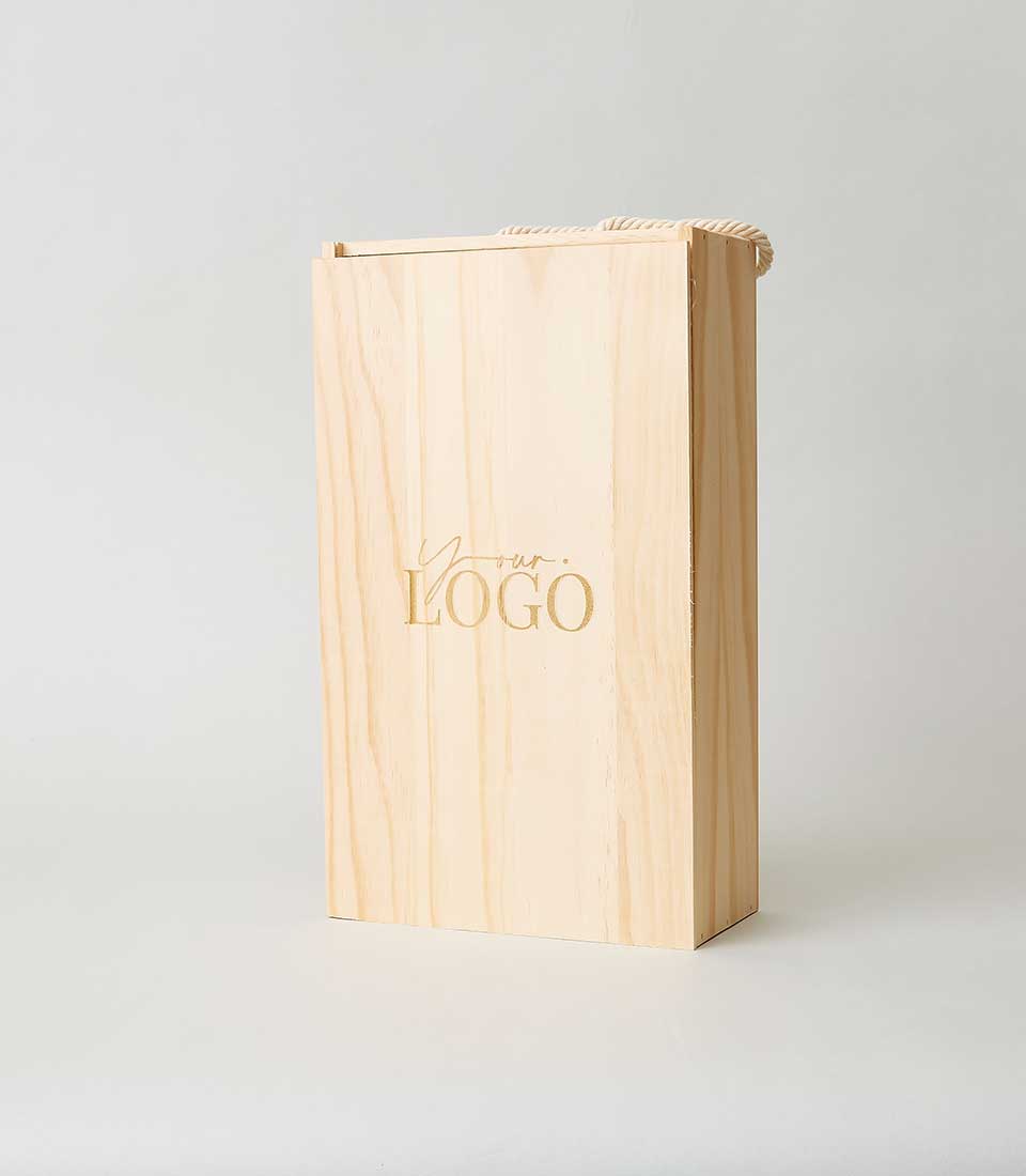 Tall wooden wine gift box with gold debossed logo and natural rope handle