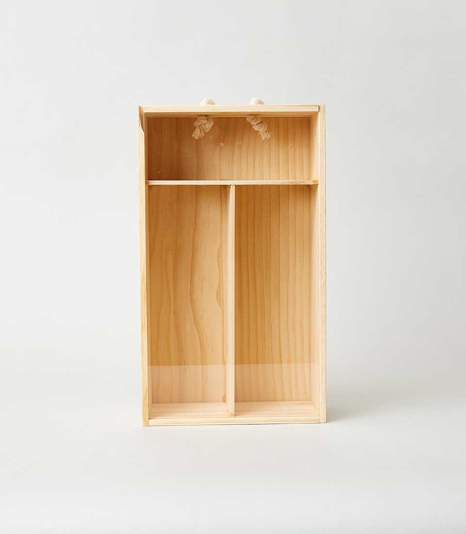 Wooden wine gift box with two compartments and rope handles, natural light wood finish