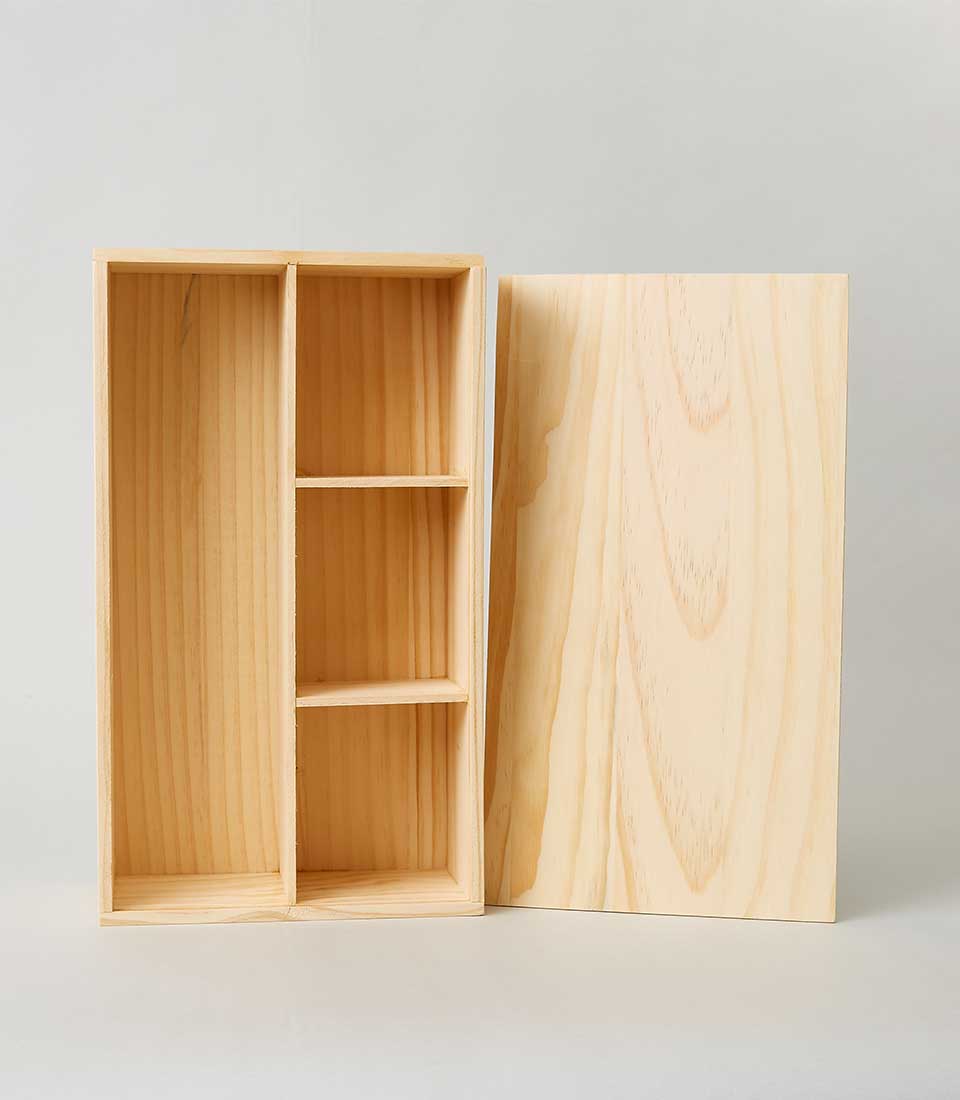 Natural pine wood wine box with three compartments and wooden lid, perfect for luxury gifting