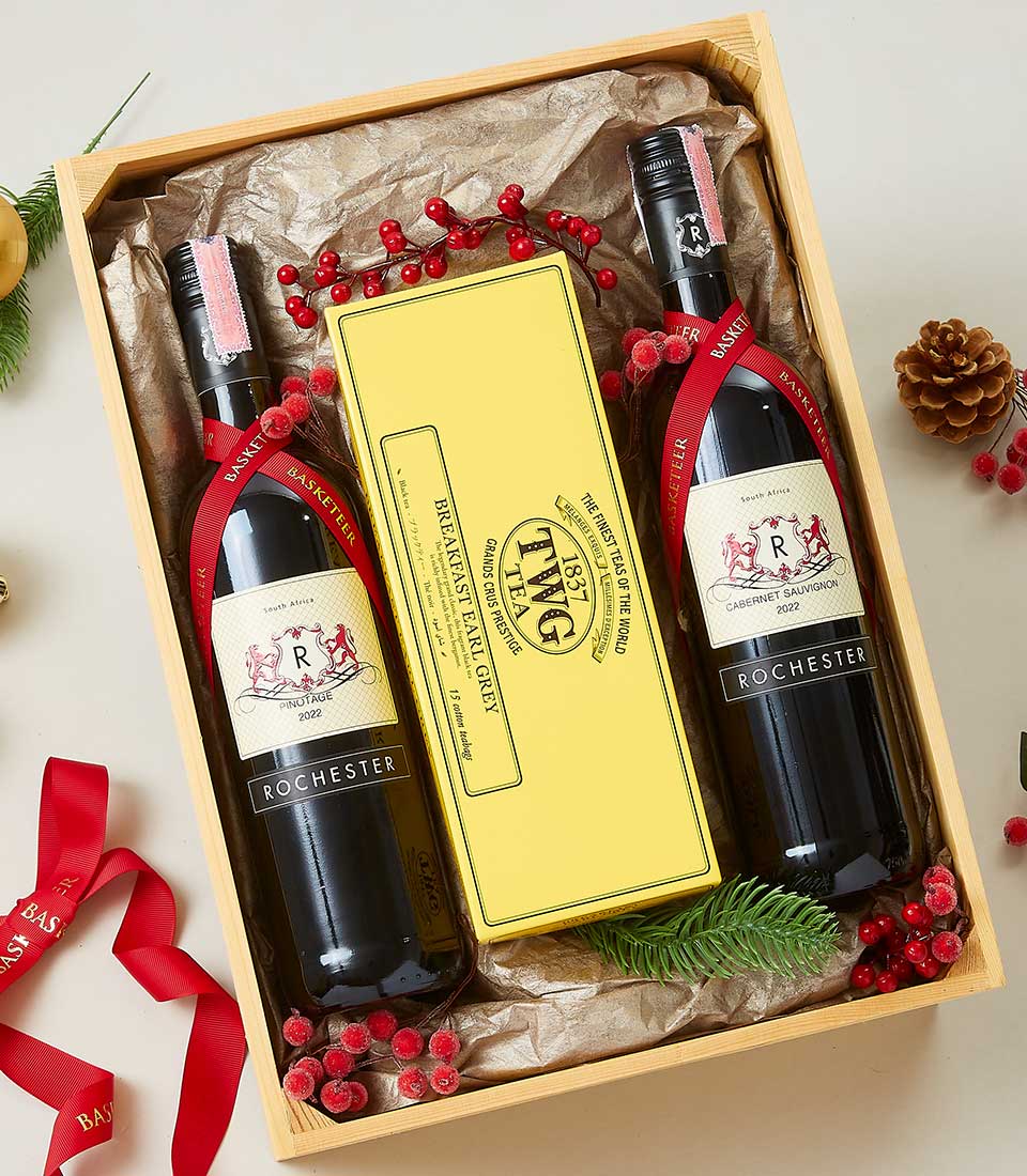 Premium Rochester red wine duo with TWG tea in luxury gift crate, festive holiday presentation