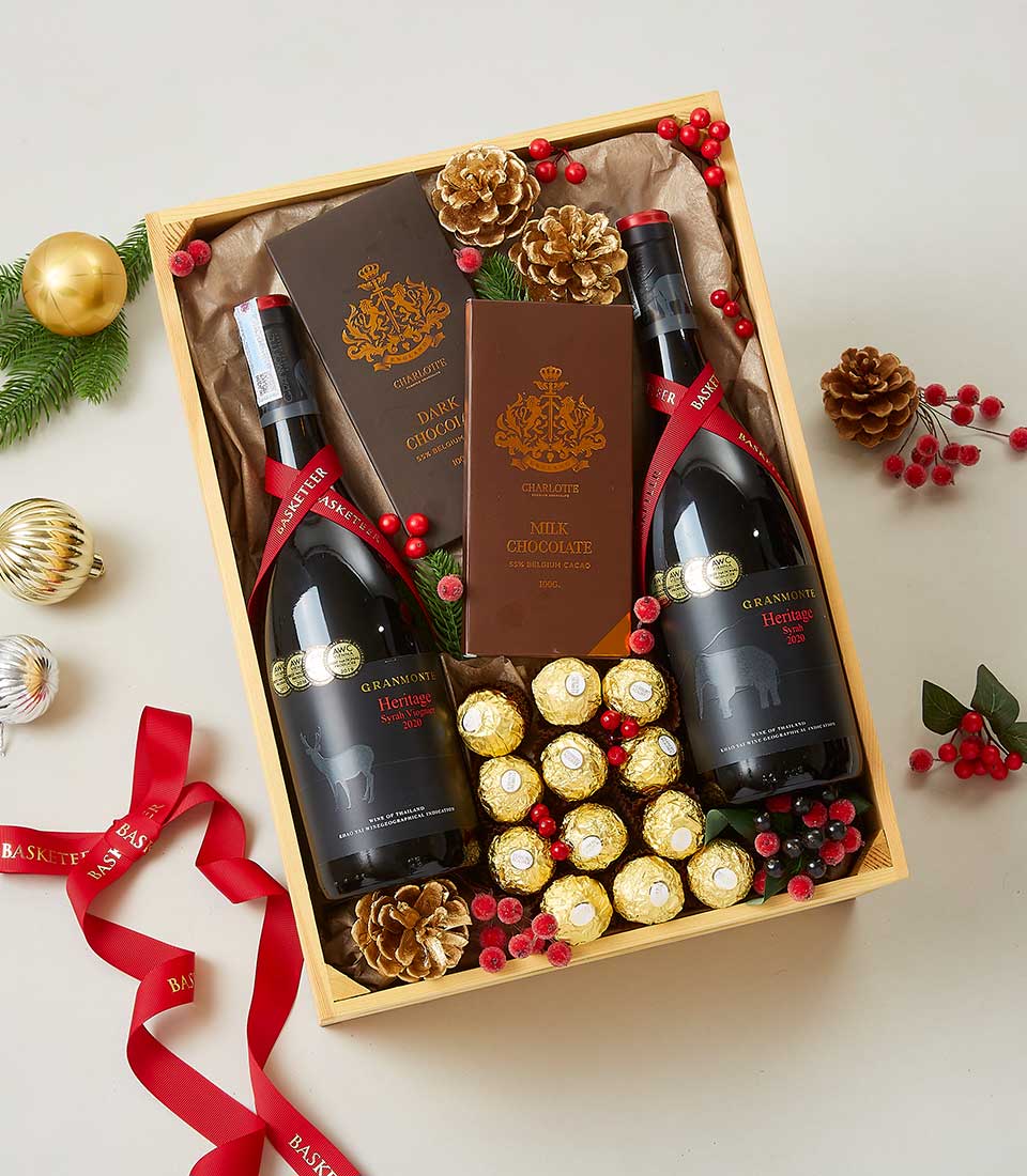 Premium wine and dark chocolate gift set with gold-foiled truffles in festive wooden box