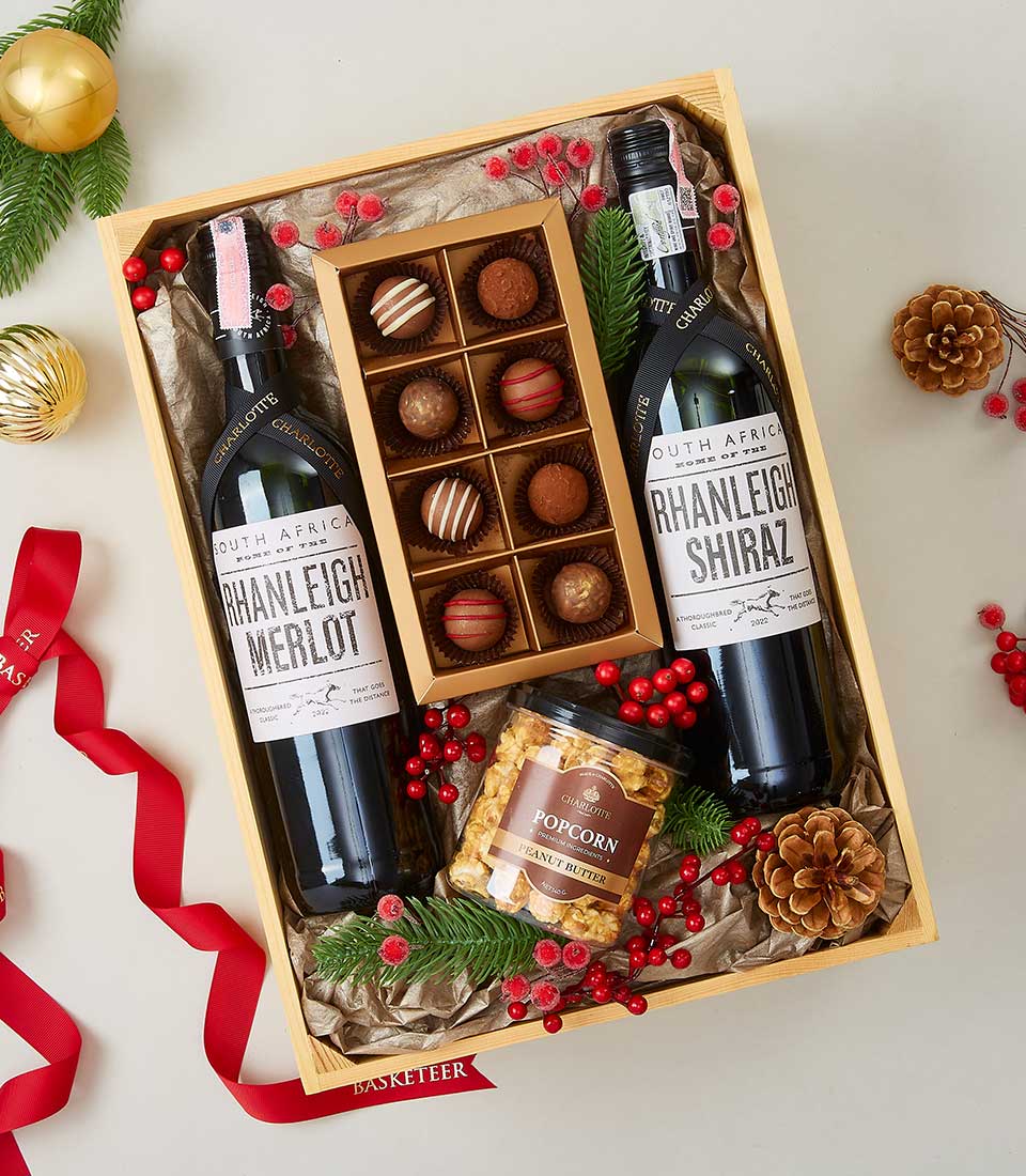 Rhanleigh Merlot and Shiraz wine gift box with gourmet chocolates and peanut butter popcorn, festive holiday packaging