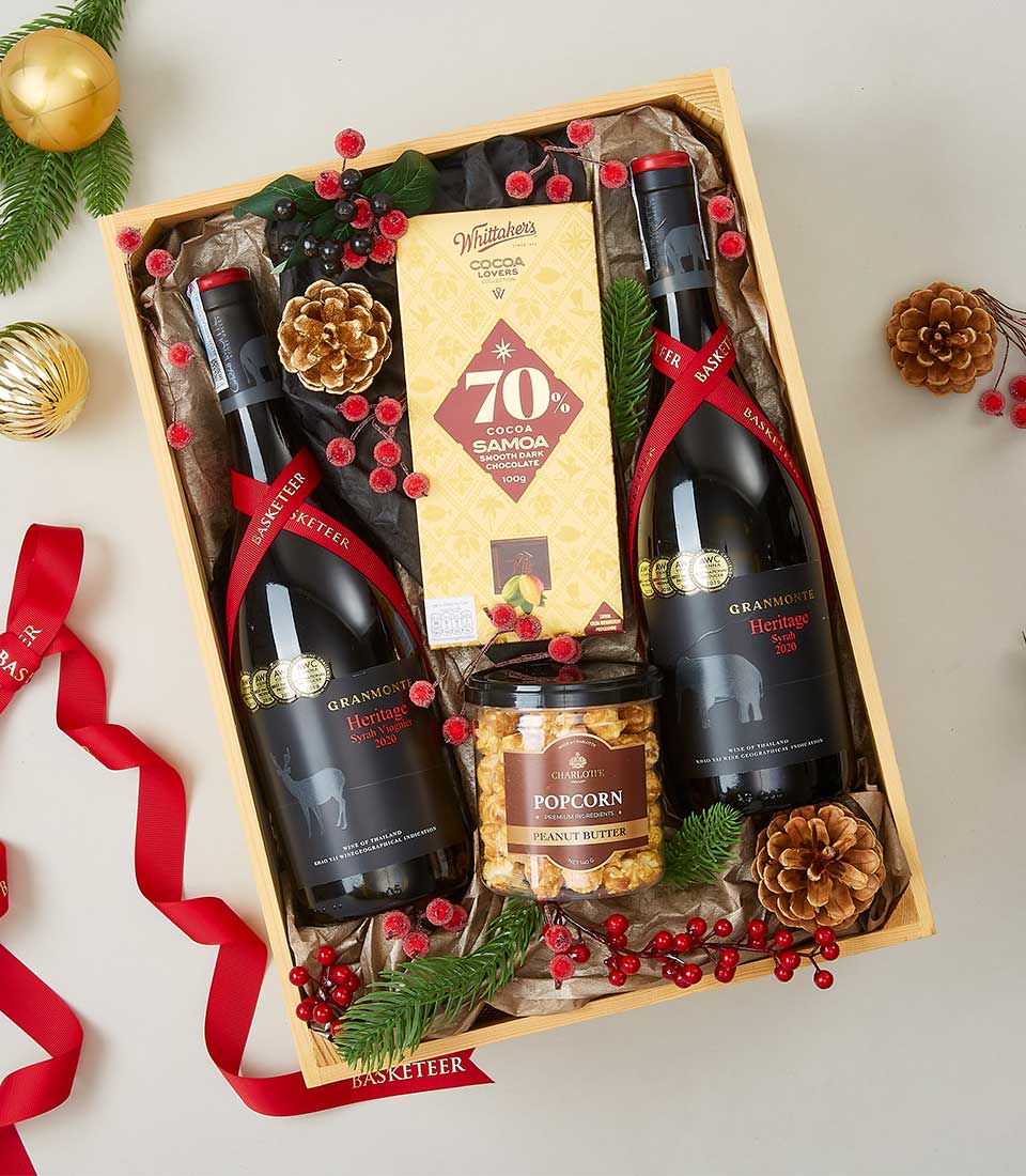 Heritage Red Wine & Cocoa gourmet gift set with two award-winning red wines, dark chocolate, and peanut butter popcorn in