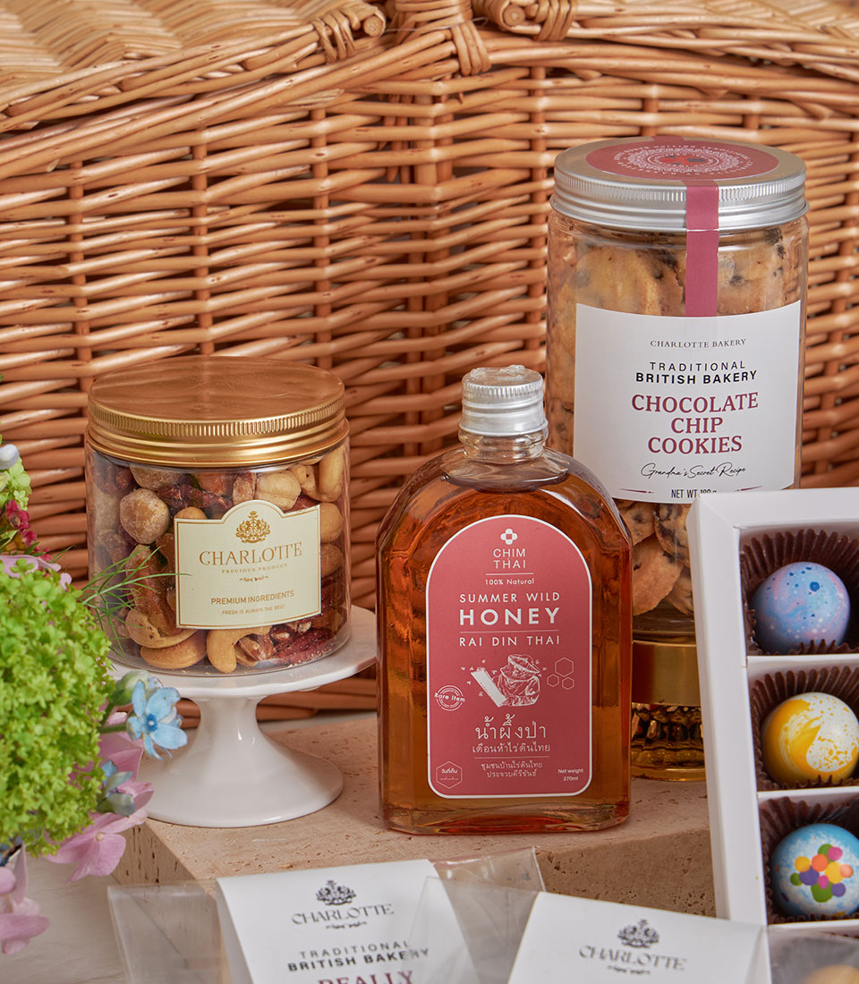 Grand Luxury High Tea Gift Basket with gourmet nuts, honey, chocolate chip cookies, and artisan chocolates