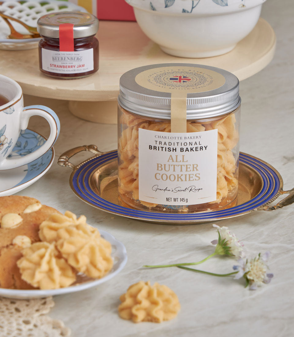 Luxury afternoon tea gift set with Charlotte Bakery all butter cookies, Beerenberg strawberry jam, and premium tableware