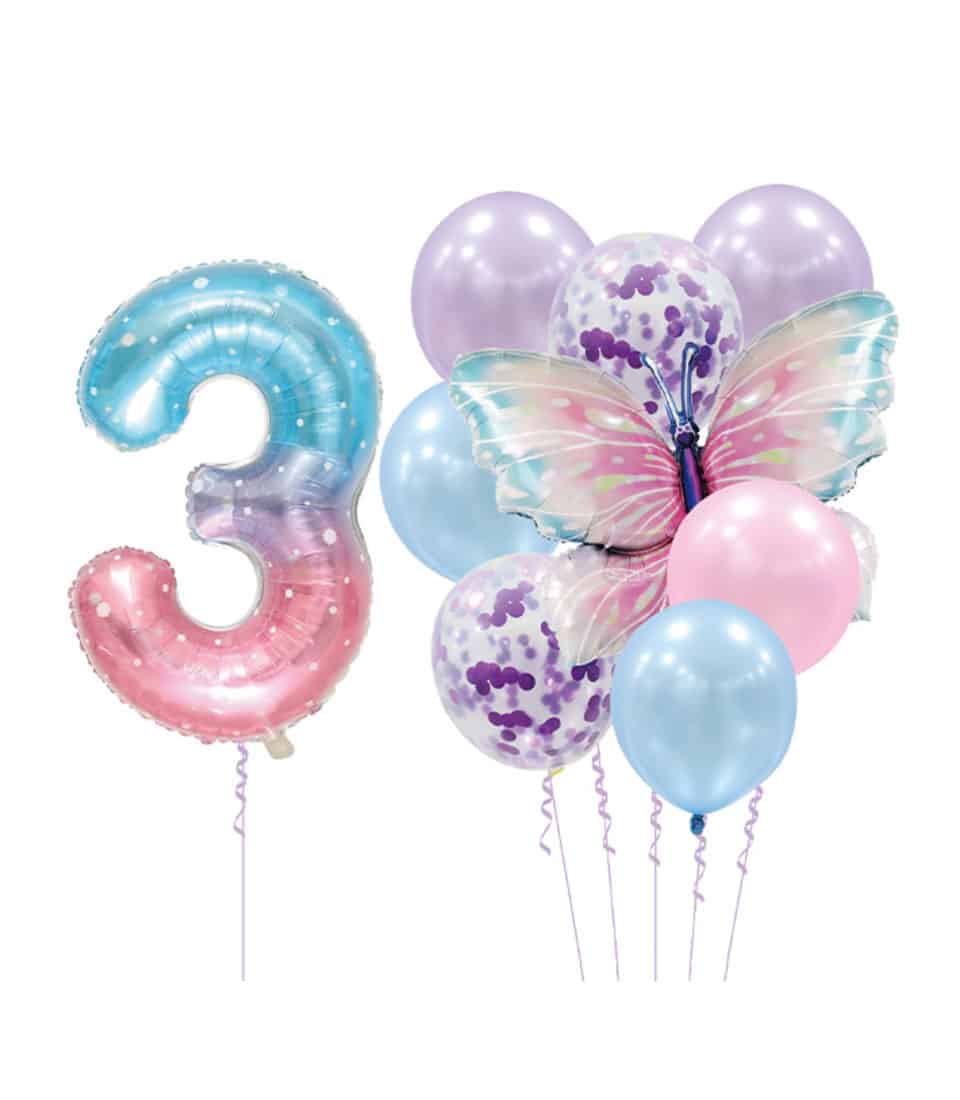 Pastel number 3 foil balloon with ombre blue-to-pink design and butterfly balloon bouquet for kids' birthday celebrations