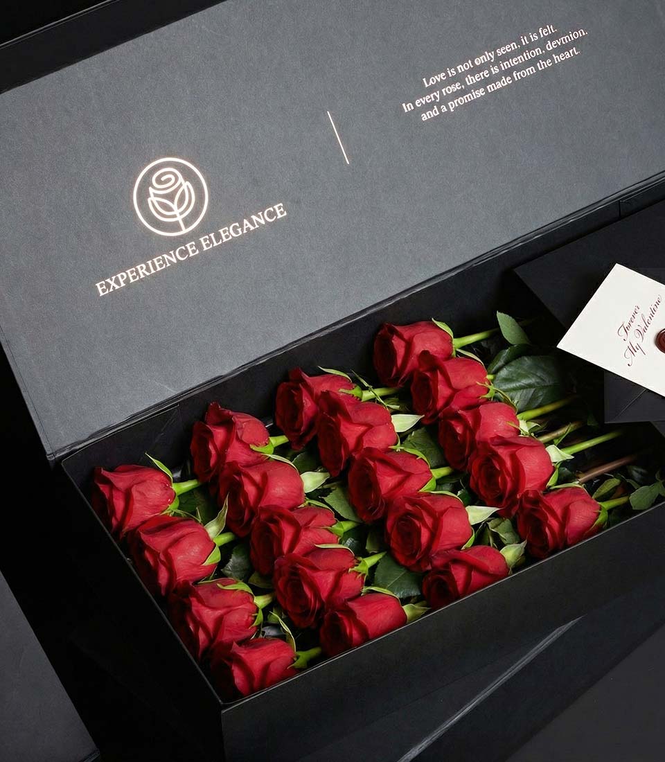 A premium flower delivery Bangkok option: deep red roses from Flowers by Basketeer nestled in a sleek black VIP gift box.