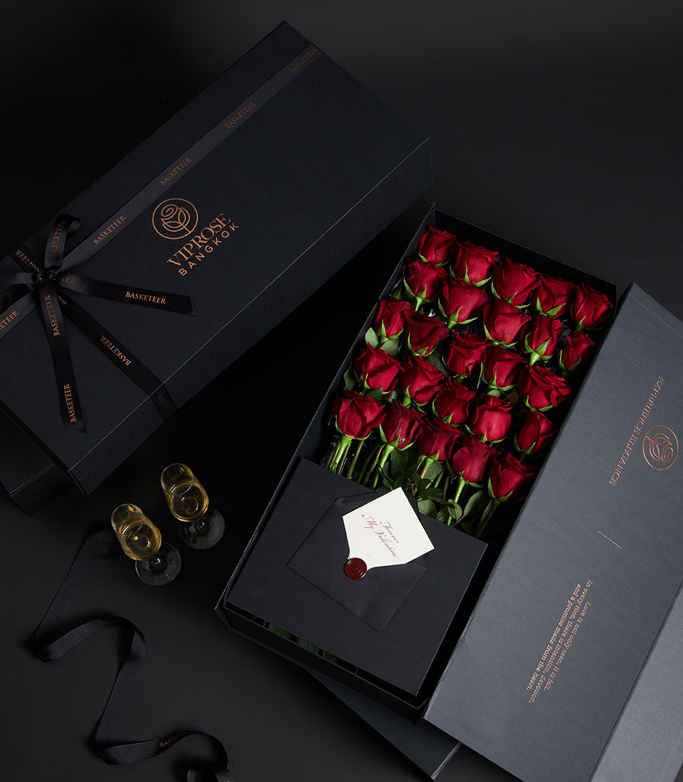 Lush red roses fill a VIP flower box from Flowers by Basketeer. Elegant same-day flower delivery Bangkok. A premium rose bouquet Thailand gift.