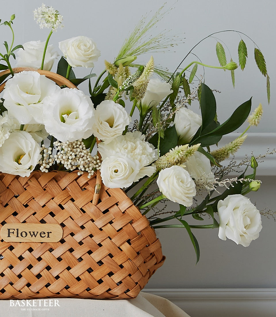 White roses and eustoma get well basket with woven natural wood detail