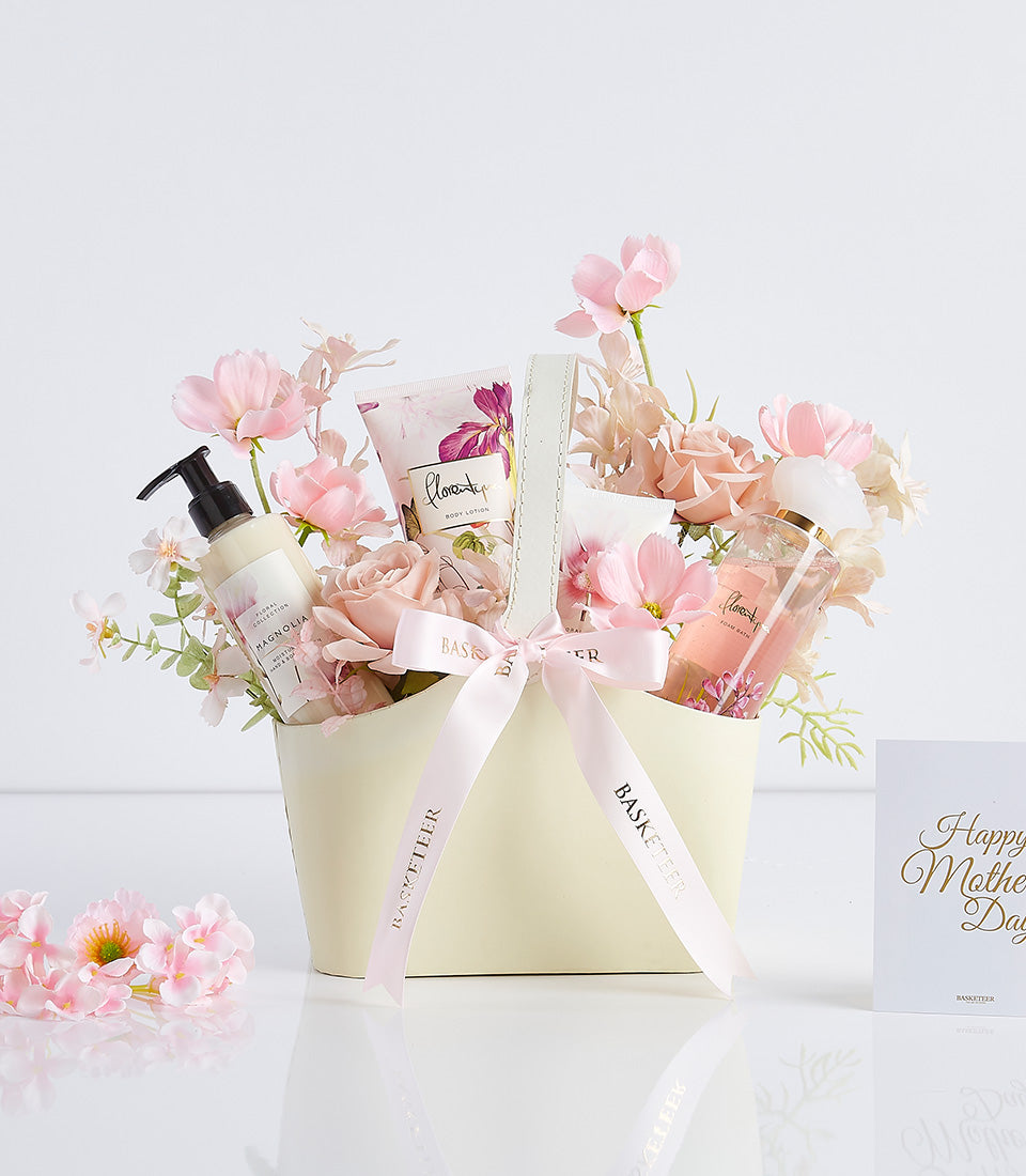 Luxury Mother's Day bath set gift basket with magnolia lotion, body care, and fresh pink roses