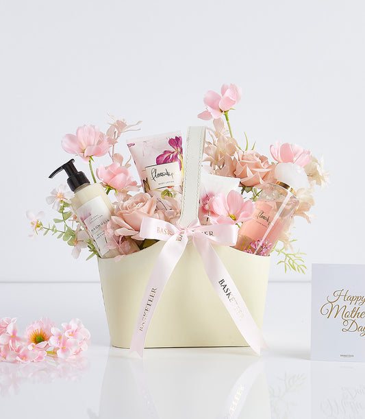 Luxury Mother's Day bath set gift basket with magnolia lotion, body care, and fresh pink roses