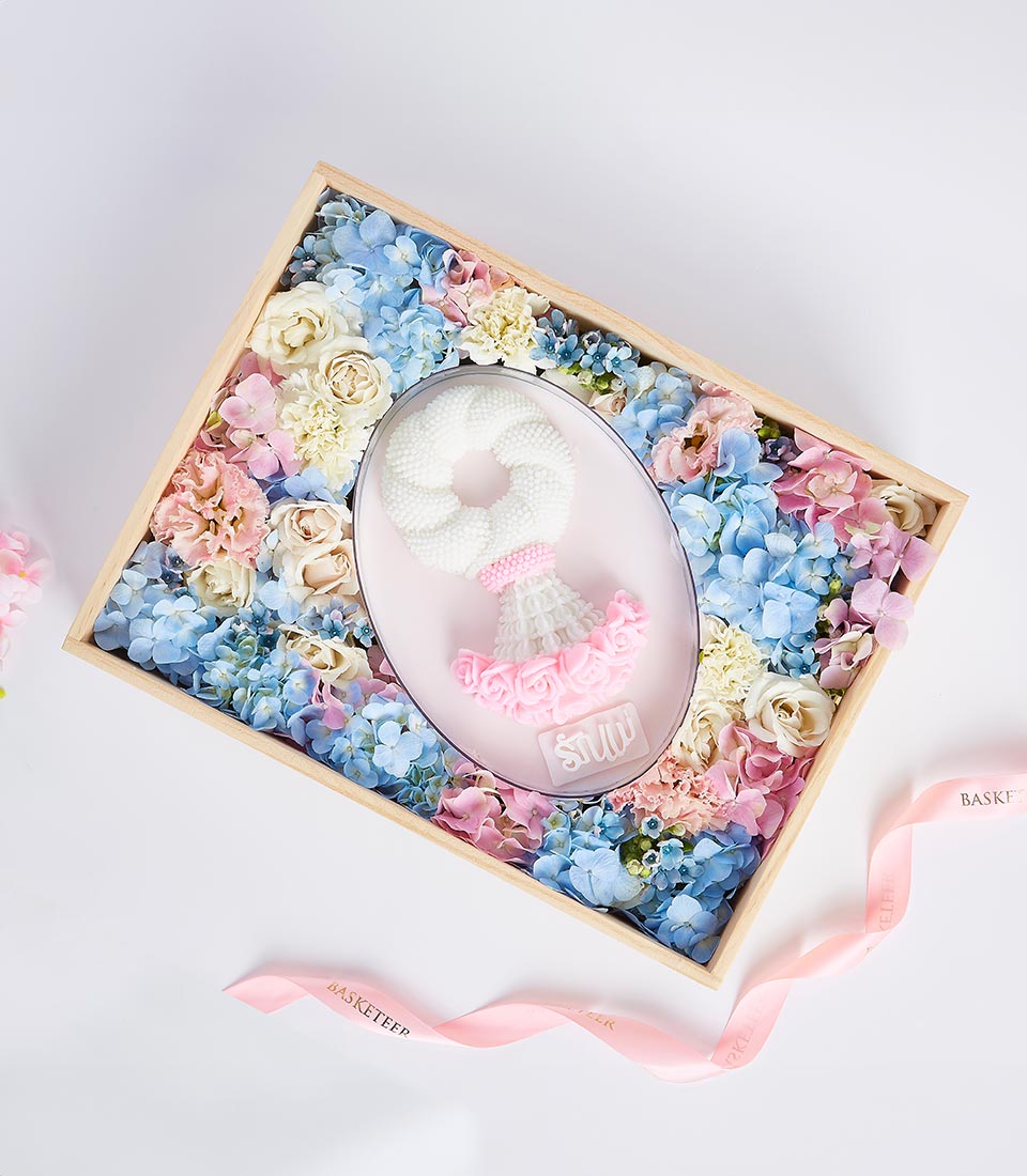 Phuang Malai with pastel flowers in wooden gift box for Mother's Day