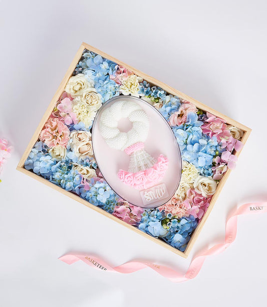 Phuang Malai with pastel flowers in wooden gift box for Mother's Day