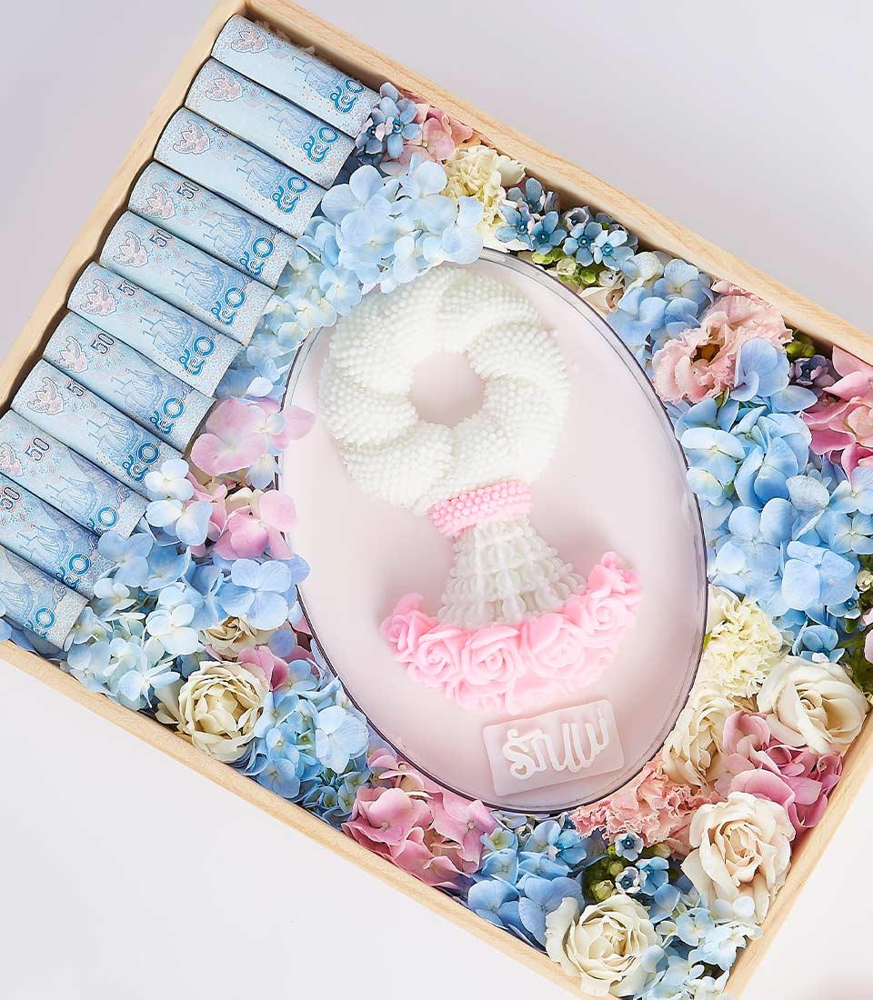 Luxury Mother's Day gift box with Thai garland, rose arrangements, and decorative accents in pink and white