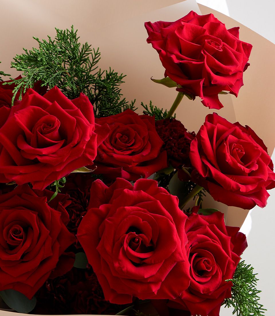 Premium red roses bouquet with dark green foliage, wrapped in cream paper for anniversary gifting