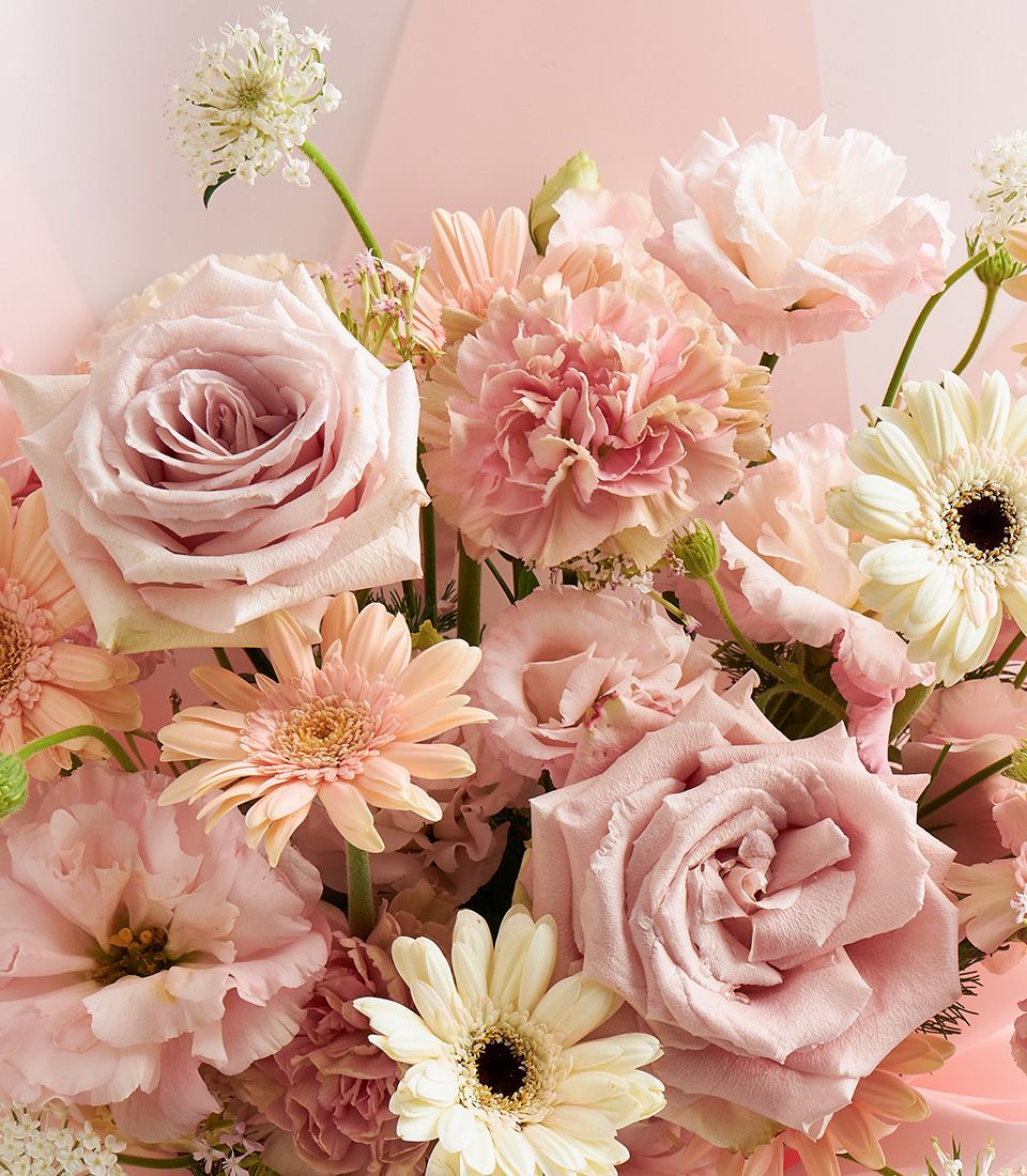 Romantic blush mixed bouquet with pink roses, carnations, gerbera daisies, and lisianthus
