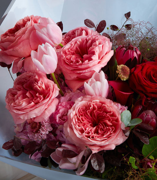 Luxury red and pink rose bouquet with tulips and protea, wrapped in pale grey paper