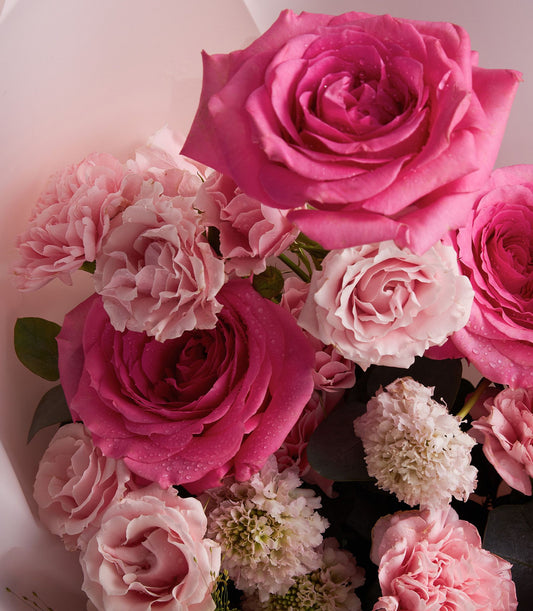 Fresh blush and fuchsia rose bouquet with ruffled carnations, Ecuador-sourced premium flowers