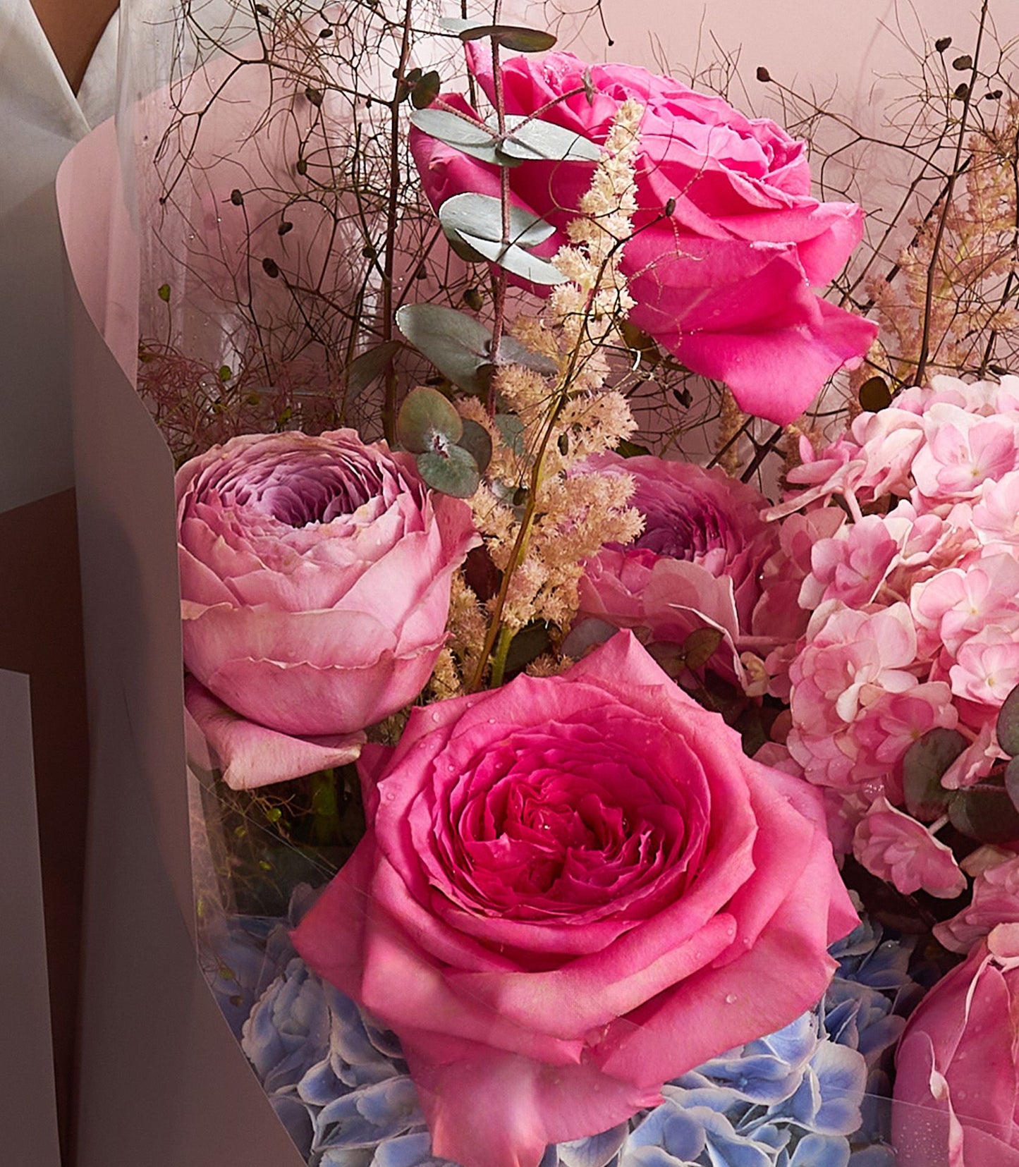 Pink rose and hydrangea bouquet with eucalyptus, fresh-cut luxury flowers for gifting