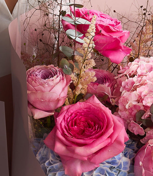 Pink rose and hydrangea bouquet with eucalyptus, fresh-cut luxury flowers for gifting