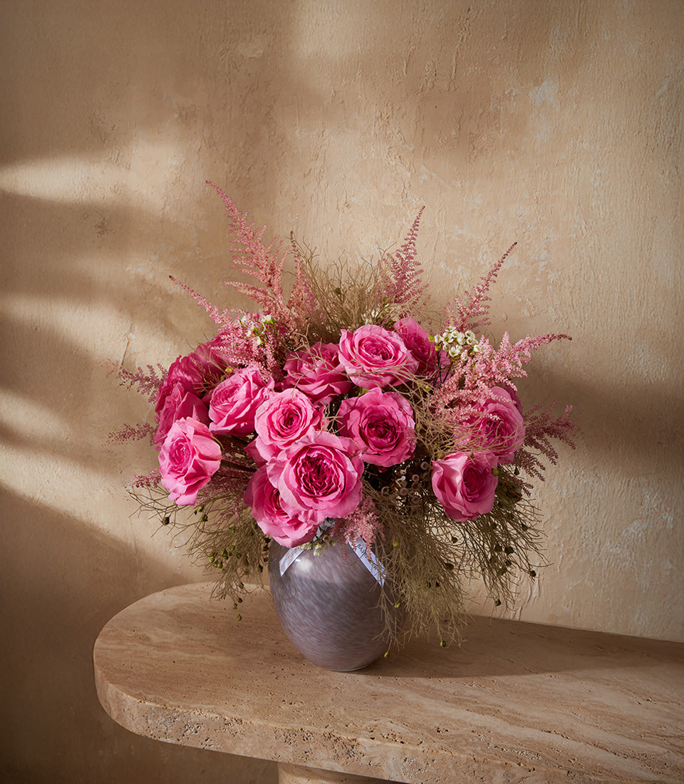 Pink rose and astilbe arrangement in grey swirled vase, premium fresh flowers for gifting