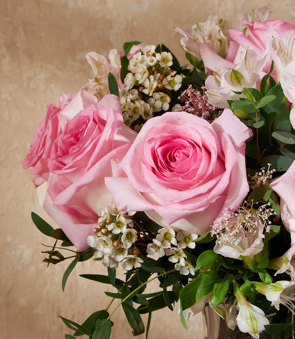Pink roses and white filler flowers in premium fresh arrangement, perfect for elegant gifting