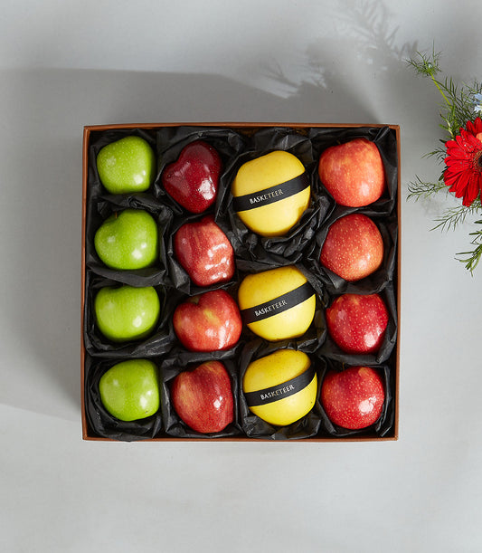 Premium apple gift box with Korean pear, red and yellow apples in luxury brown leather basket with black tissue lining