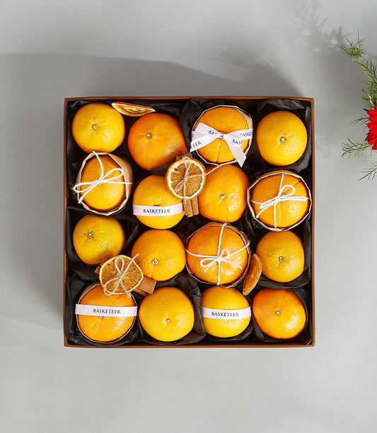 Premium citrus gift box with fresh oranges, white ribbons, and dried citrus slices in luxury leather presentation