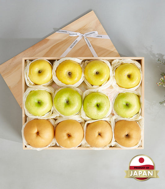 Premium Japanese apples and pears in handcrafted wooden gift box with white tissue