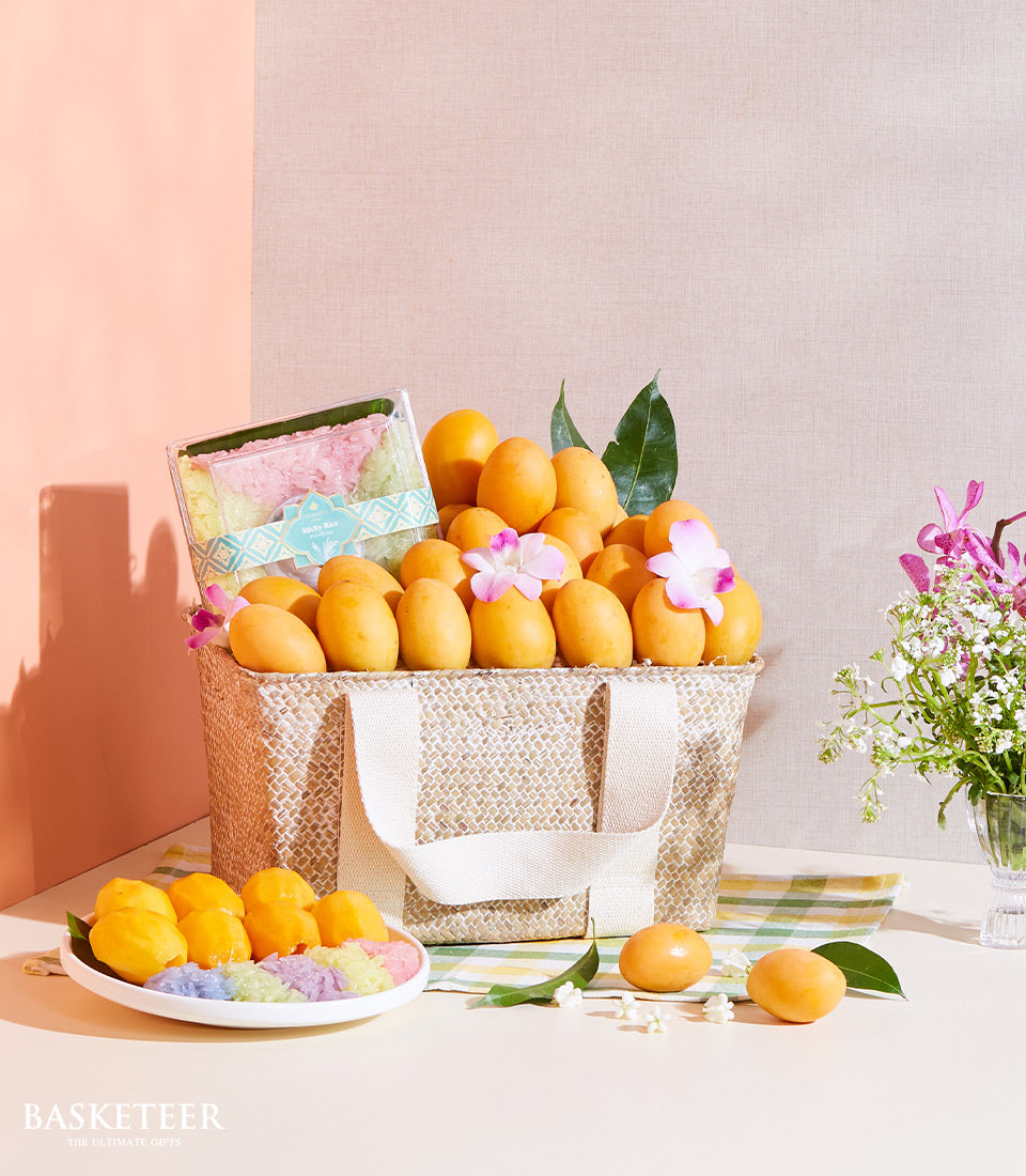 Golden mango and sticky rice gift basket with orchids, Thai tropical fruit hamper