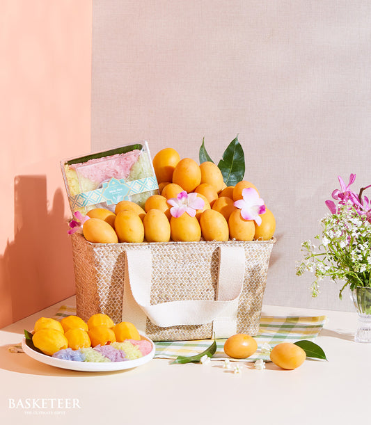 Golden mango and sticky rice gift basket with orchids, Thai tropical fruit hamper