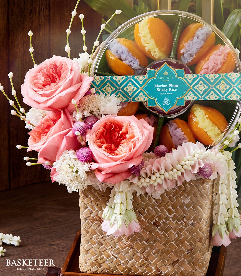 Premium pink rose and marian plum sticky rice gift basket with Thai garland for Songkran