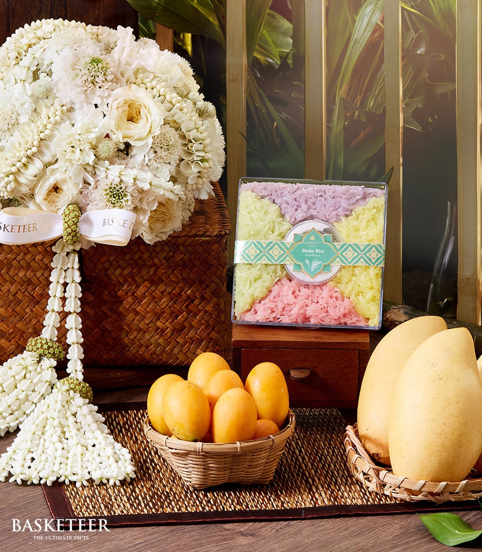 White jasmine and rose bouquet with Thai sticky rice, mango, and plum fruits gift set for Songkran